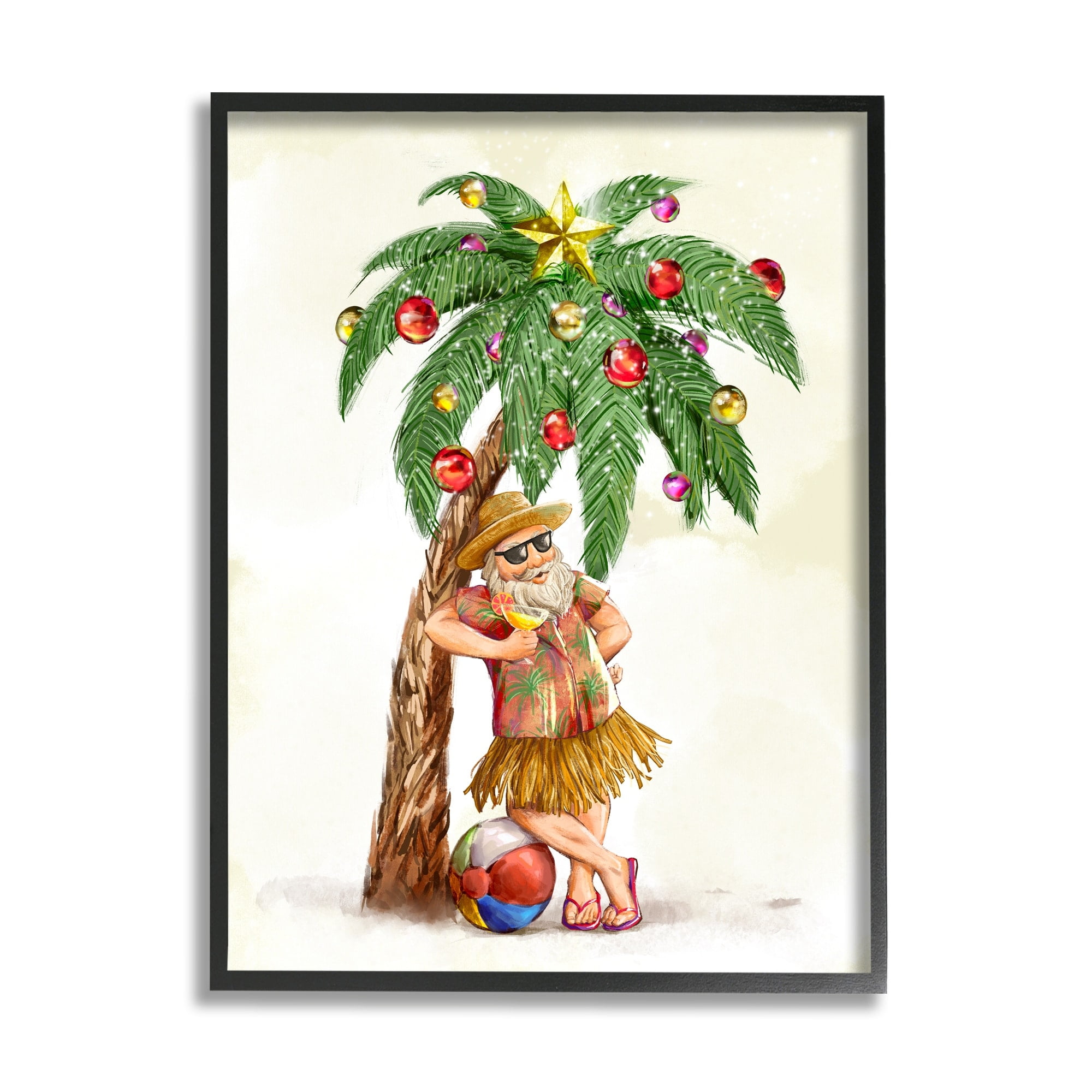 Tropical Santa Claus Lounging Palm Tree Ornaments Coastal Painting Framed Art Print Wall Art