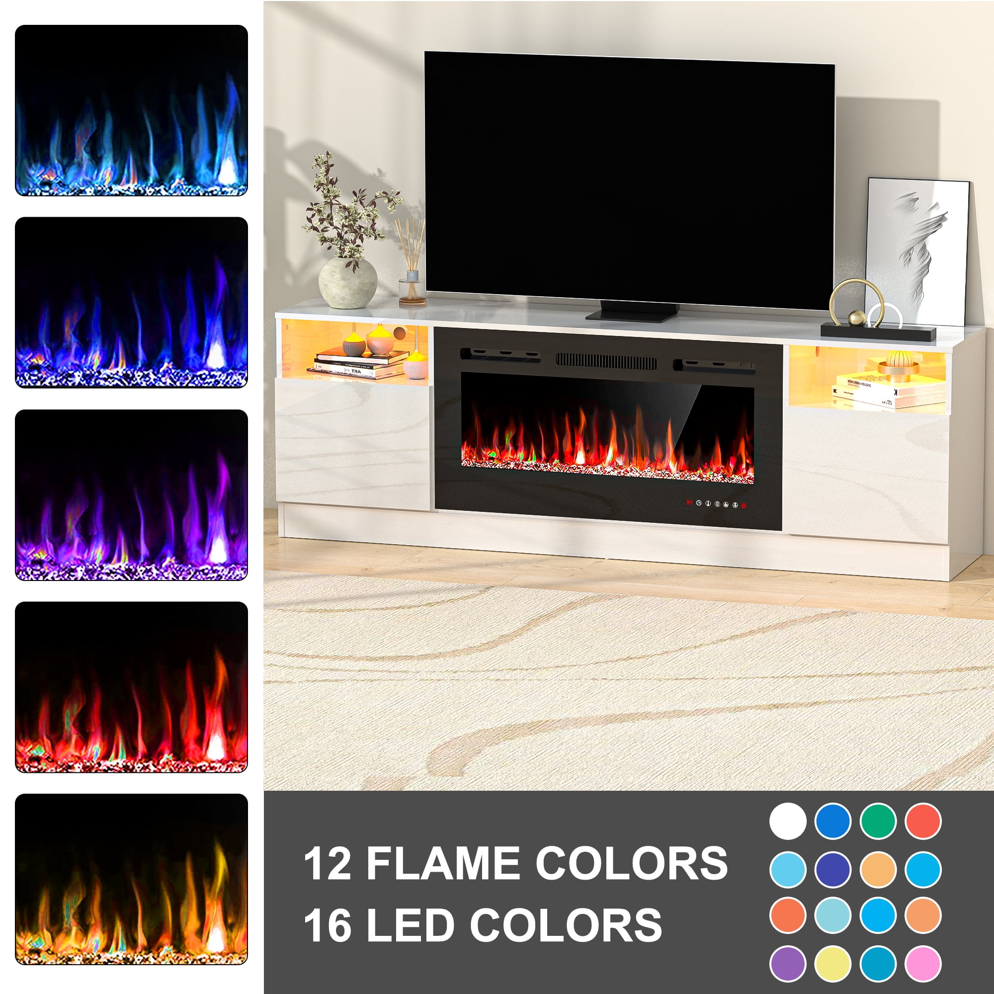 HARIPUL 70" Fireplace TV Stand for TVs Up to 80" with 36" Electric Fireplace, TV Console for The Living Room, LED Light Entertainment Center, Storage Cabinet, Media Console Table, White