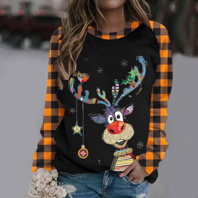 Sweat à Capuche de Noël pour Femmes Col Rond Mode Décontractée Manches Longues Imprimé de Noël en Solde