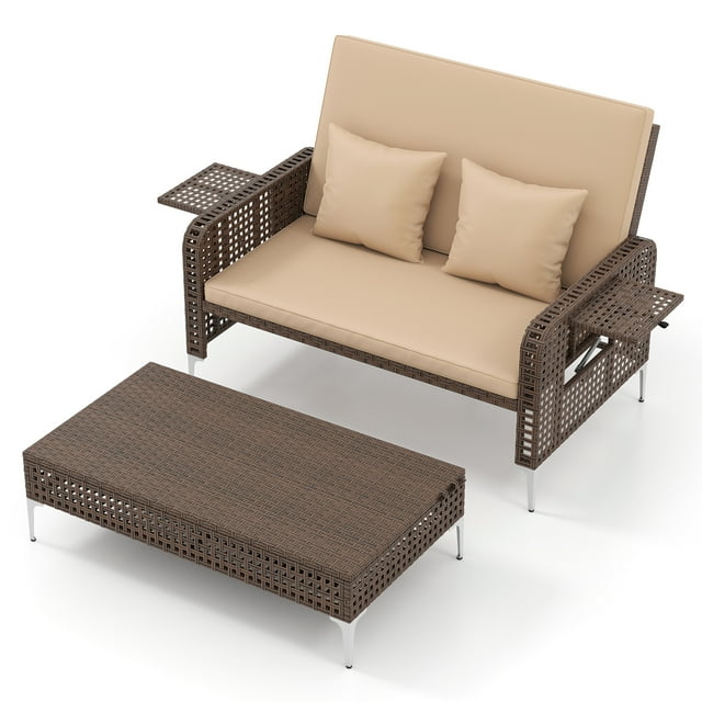 Gymax 2PCS Wicker Loveseat & Storage Ottoman w/ 4-Level Backrest & Soft Cushion Beige