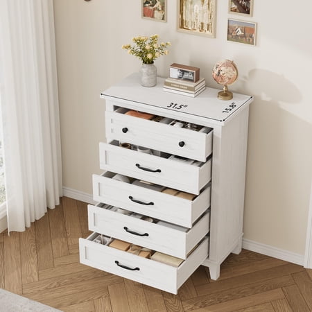 Tall 5-Drawer Dresser with Large Storage - 41.3 Wooden Chest for Bedroom & Living Room
