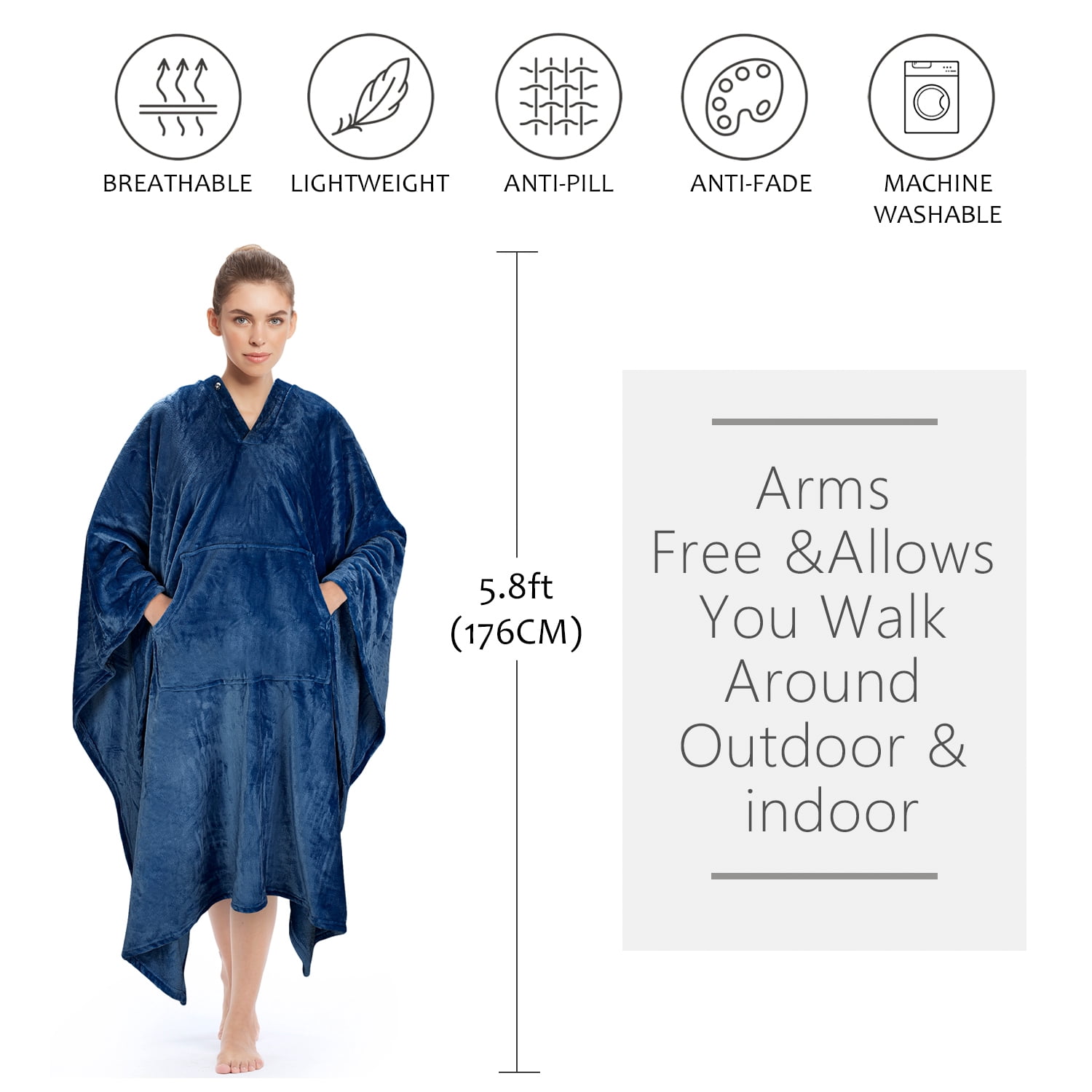 Poncho Blanket Super Soft Comfy Plush Wearable Fleece Blanket  for Adult