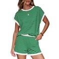 thumbnail image 2 of Cxenplz Women's Short Sleeve Striped Top And Shorts Set Casual Two Piece Loungewear Soft Stretchy Fabric Relaxed Outfit, 2 of 9
