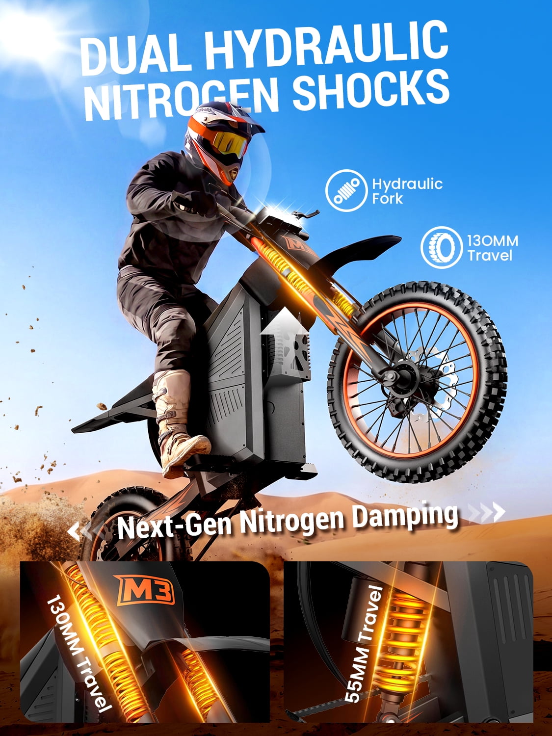 Electric Dirt Bike for Teens Age 13+,3000W 200N·m High Torque, 21AH Battery, 14"/12" Full Suspension Off-Road