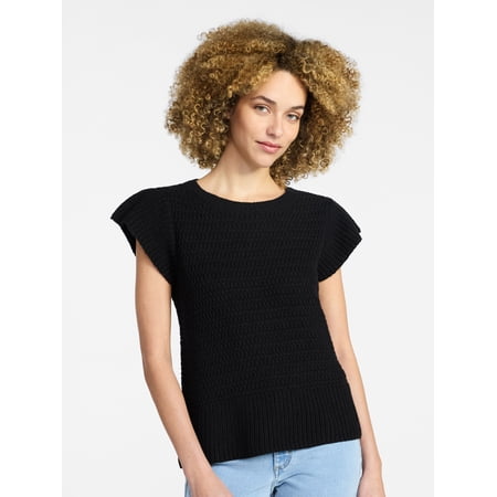 Time and Tru Women's Textured Sweater with Short Flutter Sleeves, Lightweight, Sizes XS-XXXL