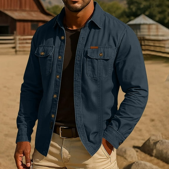Zylanna Men's Western Cowboy Shirts, Button Down Vintage Workwear Turn Down Collar Casual Shirt Jackets for Men with Pockets Dark Blue