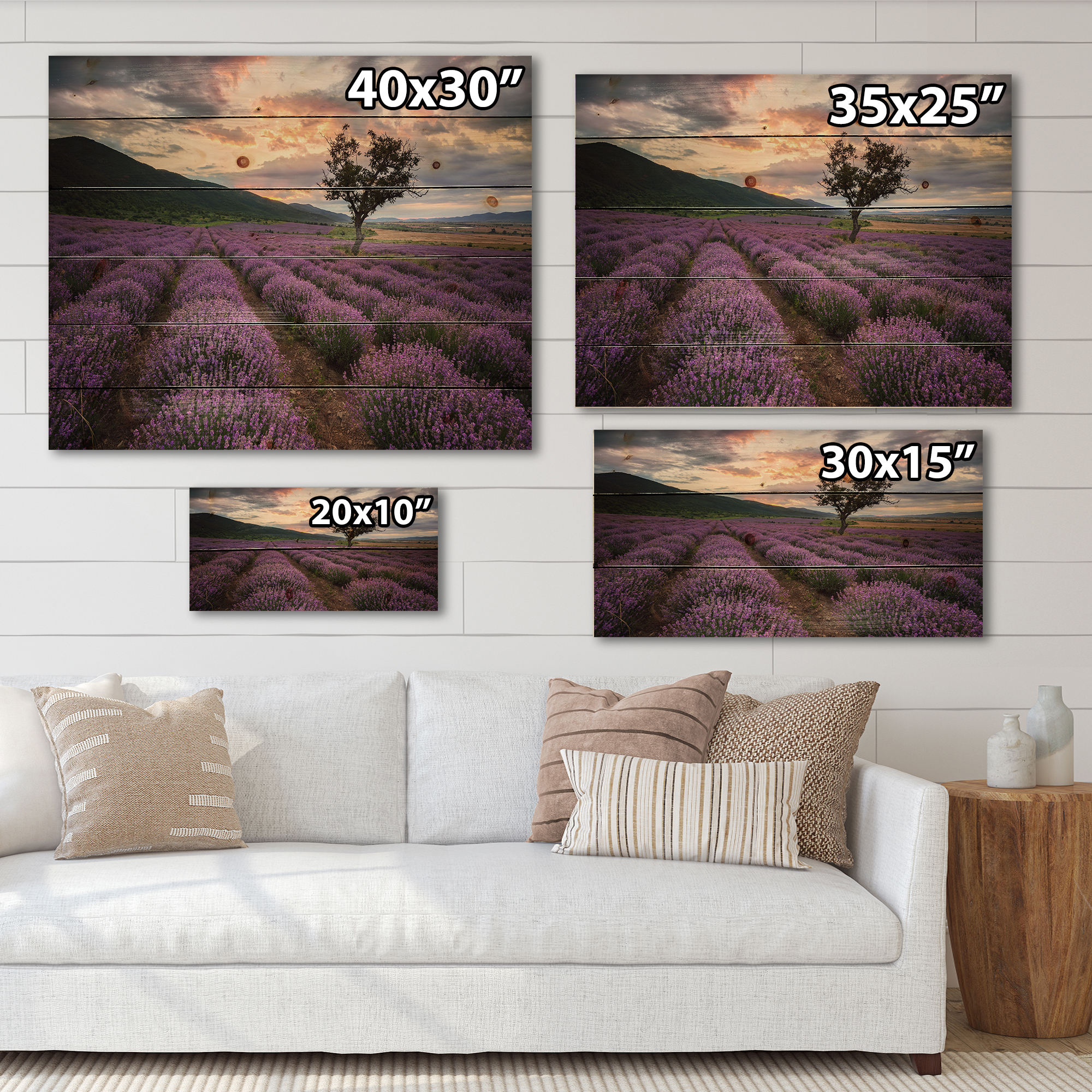 Designart 'Lavender Field At Sunrise III' Farmhouse Print on Natural Pine Wood