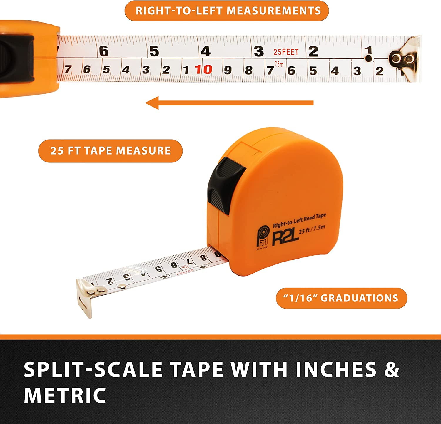 25 FT Left-Handed Tape Measure with Rubber Guard