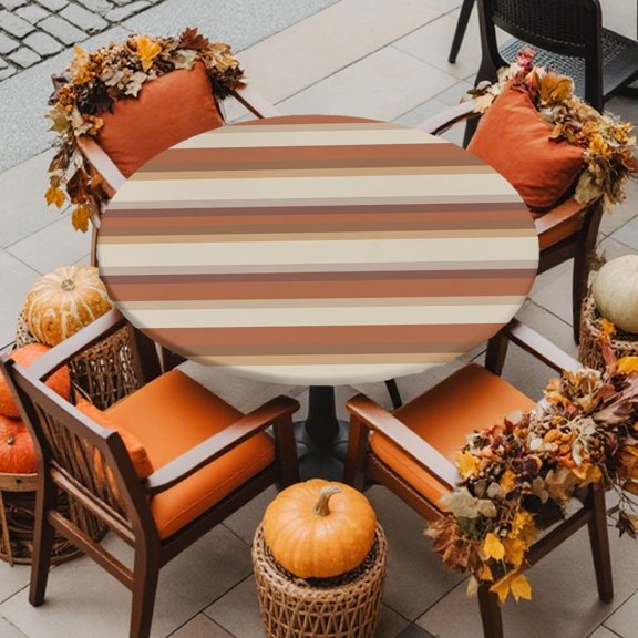 Fitted Round Tablecloths Elastic Edged Table Covers 55"-60",Thanksgiving Orange Brown Stripes Waterproof Dining Room Table Cloth