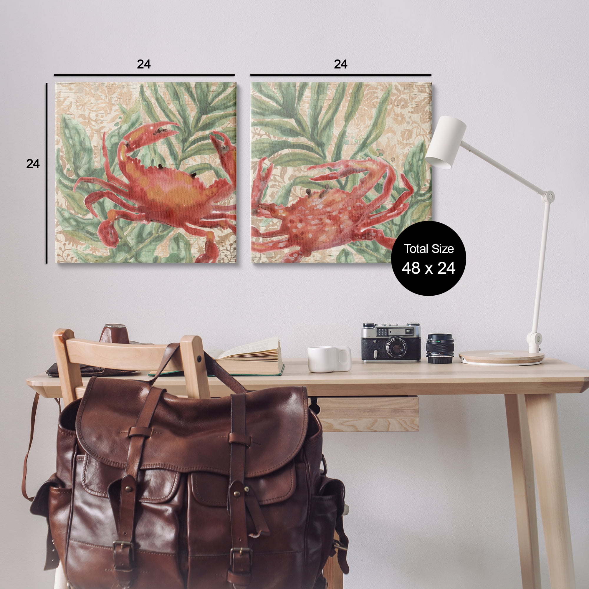 Stupell Industries Red Crab & Seaweed Animals Painting Wrapped Canvas Art Print Wall Art, 24 x 24, Set of 2