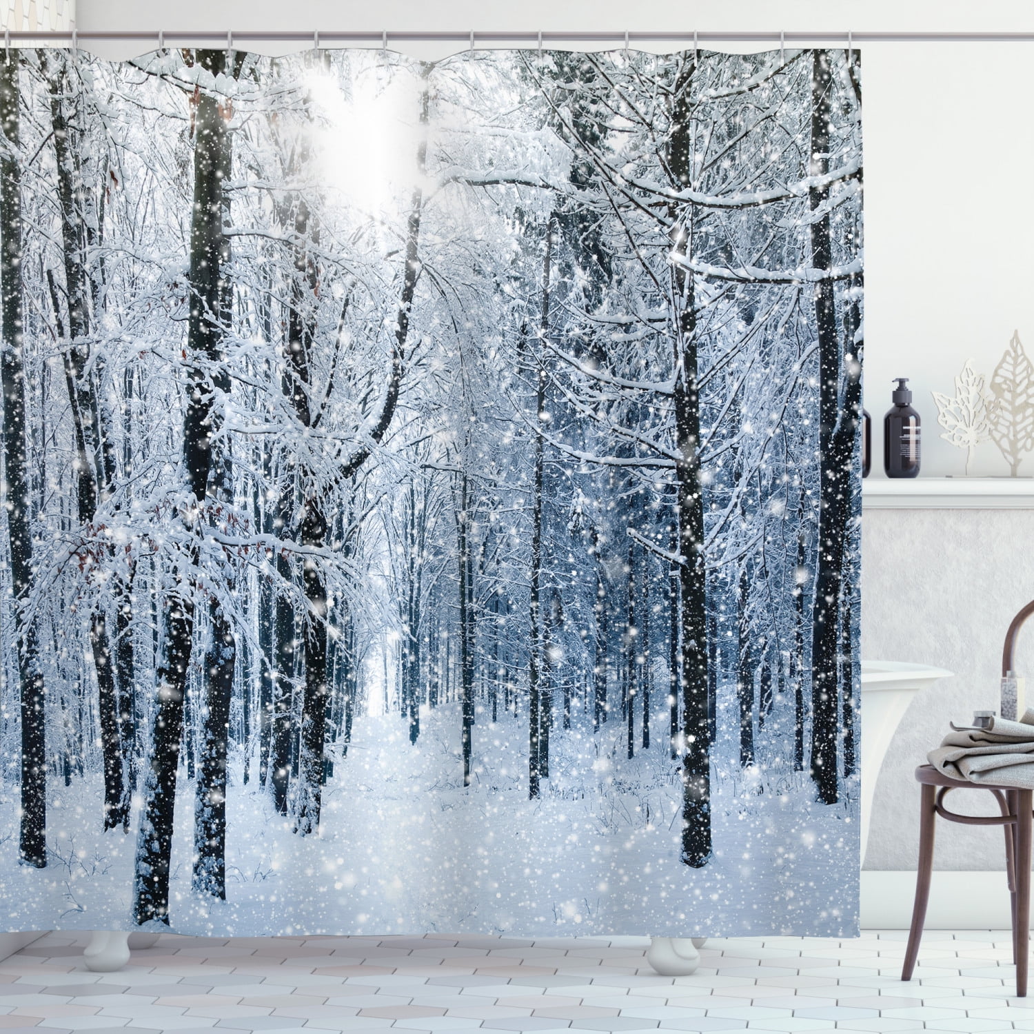 Winter Snow On Trees In A Forest Fabric, Forest Peva Shower Curtain