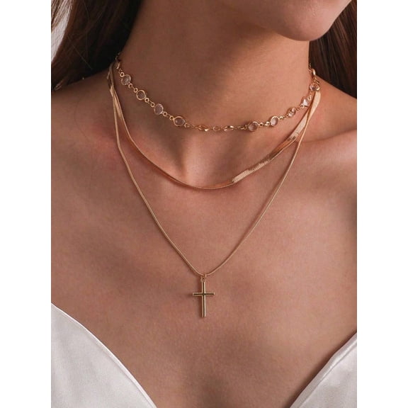 Elegant Gold Multi Layered Cross Necklace for Women Herringbone & Beaded & Box Chain Daily Birthday Gift