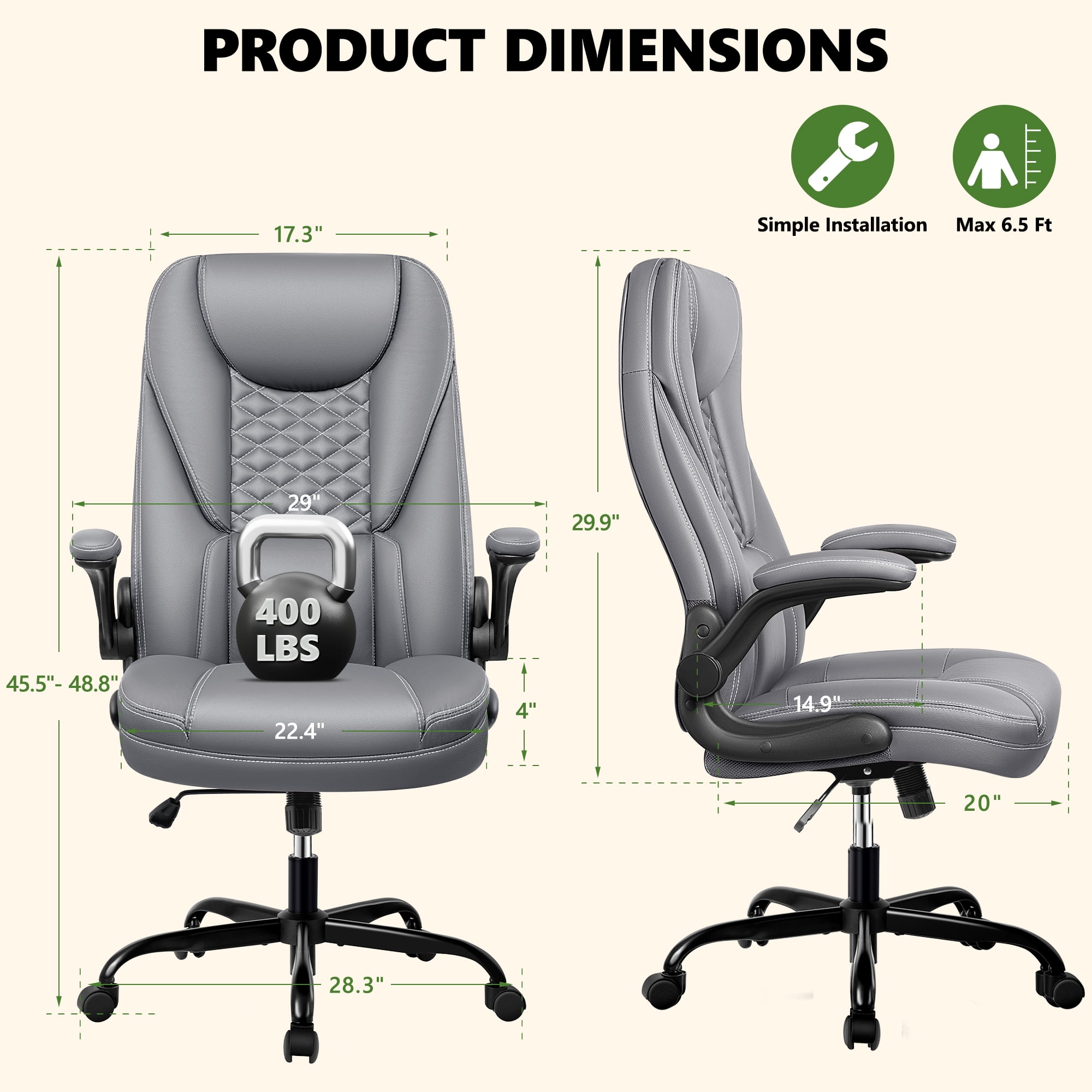 COOLHUT Big and Tall Office Chair, Executive Home Office Desk Chairs, Ergonomic Computer Faux Leather Desk Chair with Adjustable Flip-Up Arms, Lumbar Support Swivel Task Chair, Gray