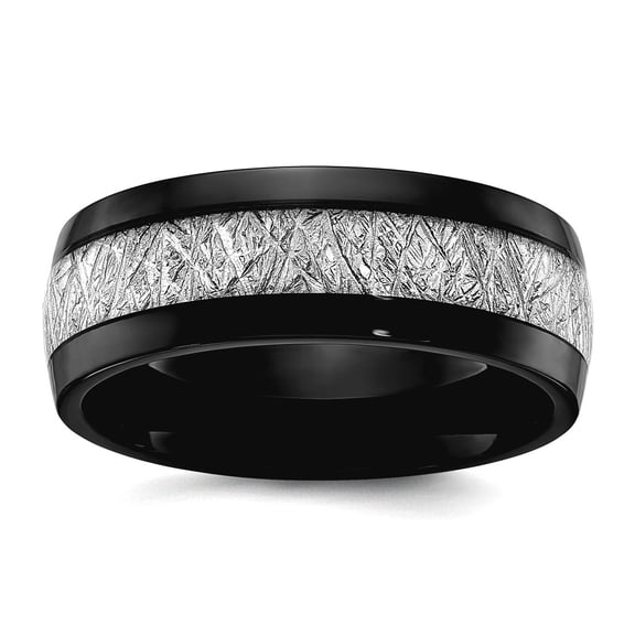 Stainless Steel Polished Black Ip Plated With Imit. Meteorite Inlay 8mm Band Size 12.5 Ring for Women and Men