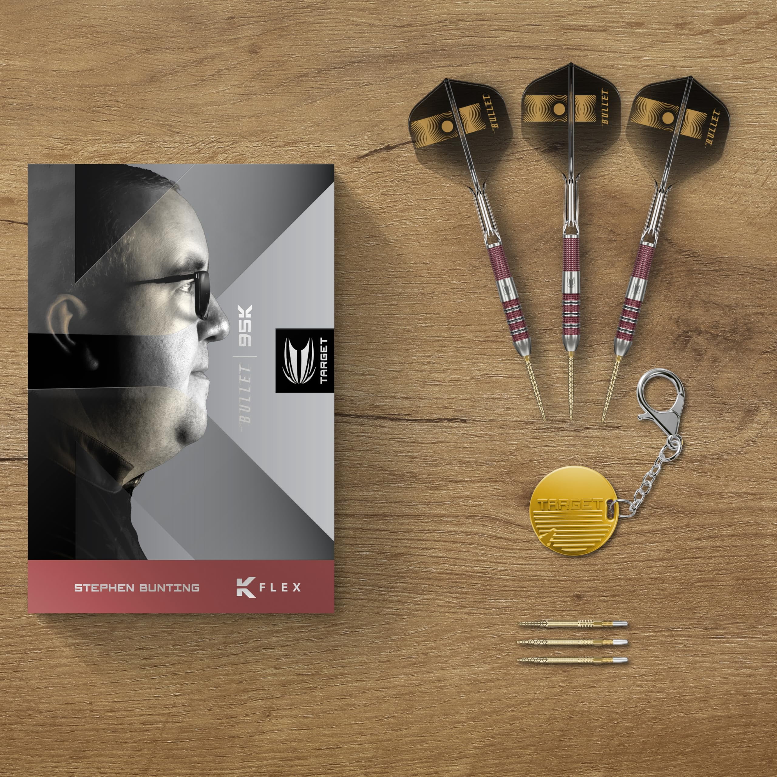 Target Darts Stephen Bunting 95K Swiss Point Steel Tip Dart Set, 18G | Kflex Flights & Shafts, The Bullet Player Edition 95% Tungsten Darts, Spare Gold DX Points & Premium Keyring SP Tool