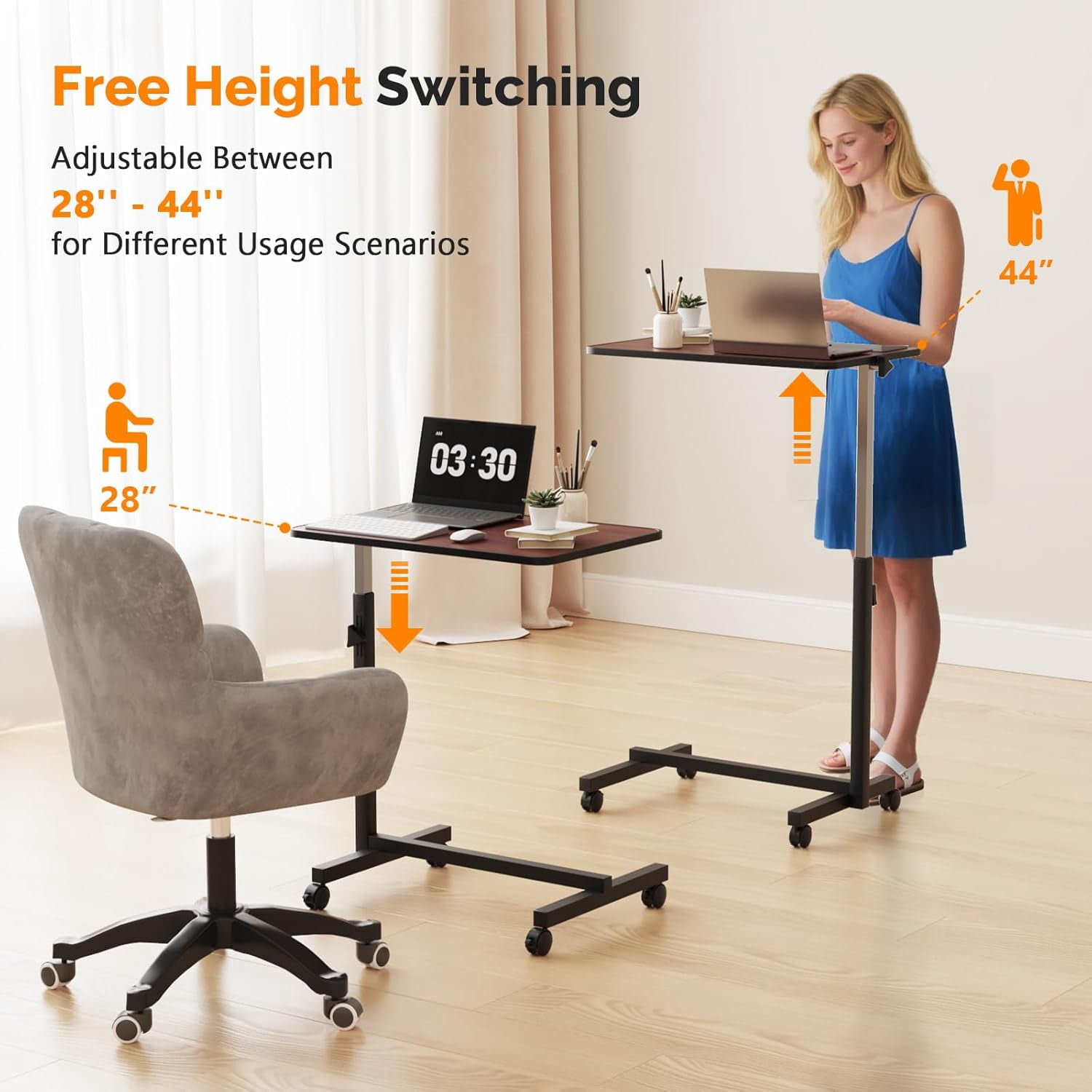 Yunken 23.6 Inch Adjustable Rolling Laptop Desk, Tilting Desktop, Mobile Sit Stand Workstation for Bed Sofa Hospital Reading Eating, (Brown)