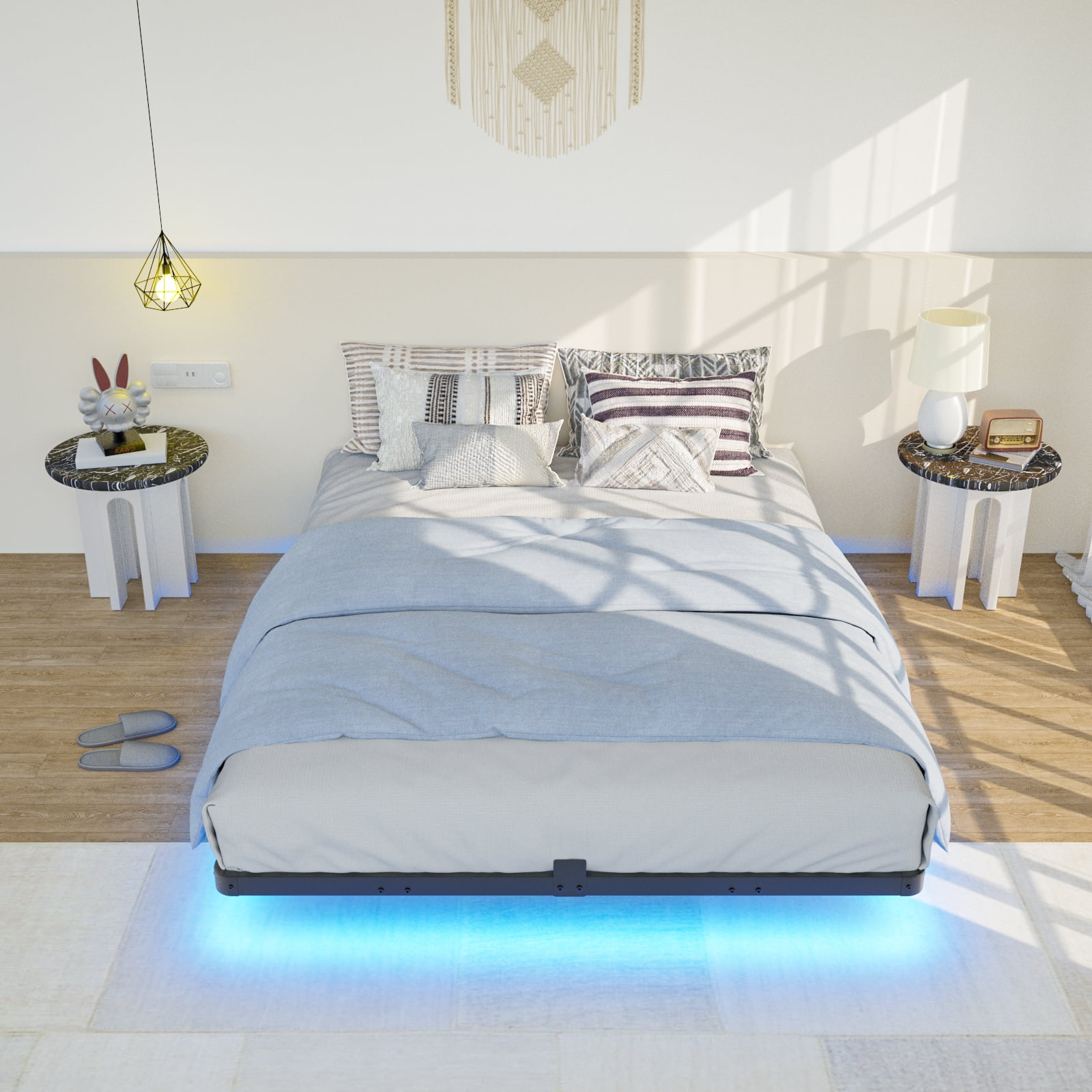 Lusimo Floating Bed Frame with LED Lights Queen Size Metal Platform Bed Frame with 6.1" Under Bed Storage Space No Box Spring Needed, Black