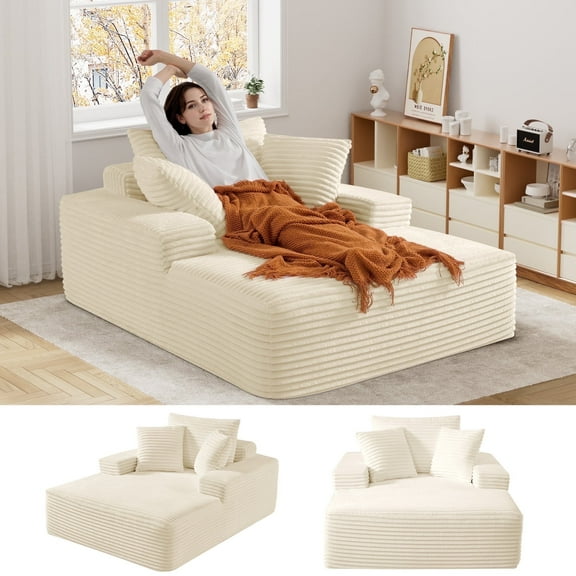 Wiilayok 66" D x 50" W Oversized Boneless Chaise Lounge Chair Indoor, Upholstered Faux Fur Sleeper Sofa Bed, Cloud Sofas Couches for Living Room, No Assembly Required ( Beige )