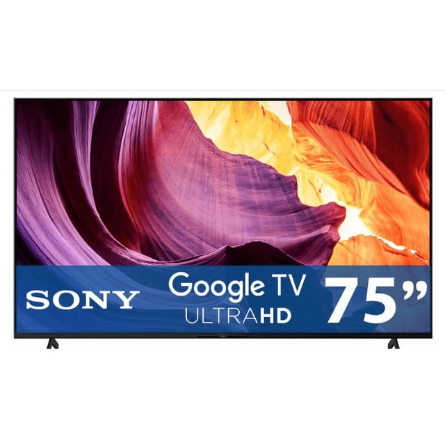 television 75" reacondicionado Sony negro 4K Android TV con Triluminos Pro; vista frontal centrada con base de patas y imagen colorida, rótulo Google TV en el bisel inferior; compatible con videollamadas (Zoom, Google Meet), control por voz, Screen Share, Google Play Store, 16GB de almacenamiento, 4 HDMI y 2 USB; también es apta para mostrar presentaciones en reuniones domésticas.