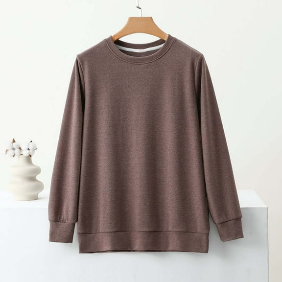 Dxzfnsa Pajama Tops for Women Womens Fashion Round Neck Long Sleeved Pajamas Comfy Loose Solid Color Pullover Sleepwear Winter Home Clothes