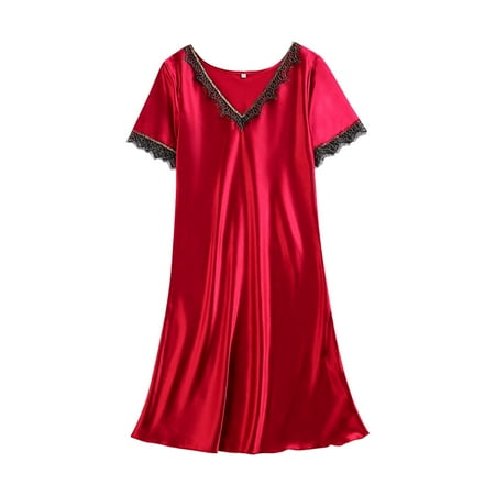 

kpoplk Womens Sleepwear Women s Satin Slip Dress Sexy Lace Nightgown Chemises Full Slip(Red)