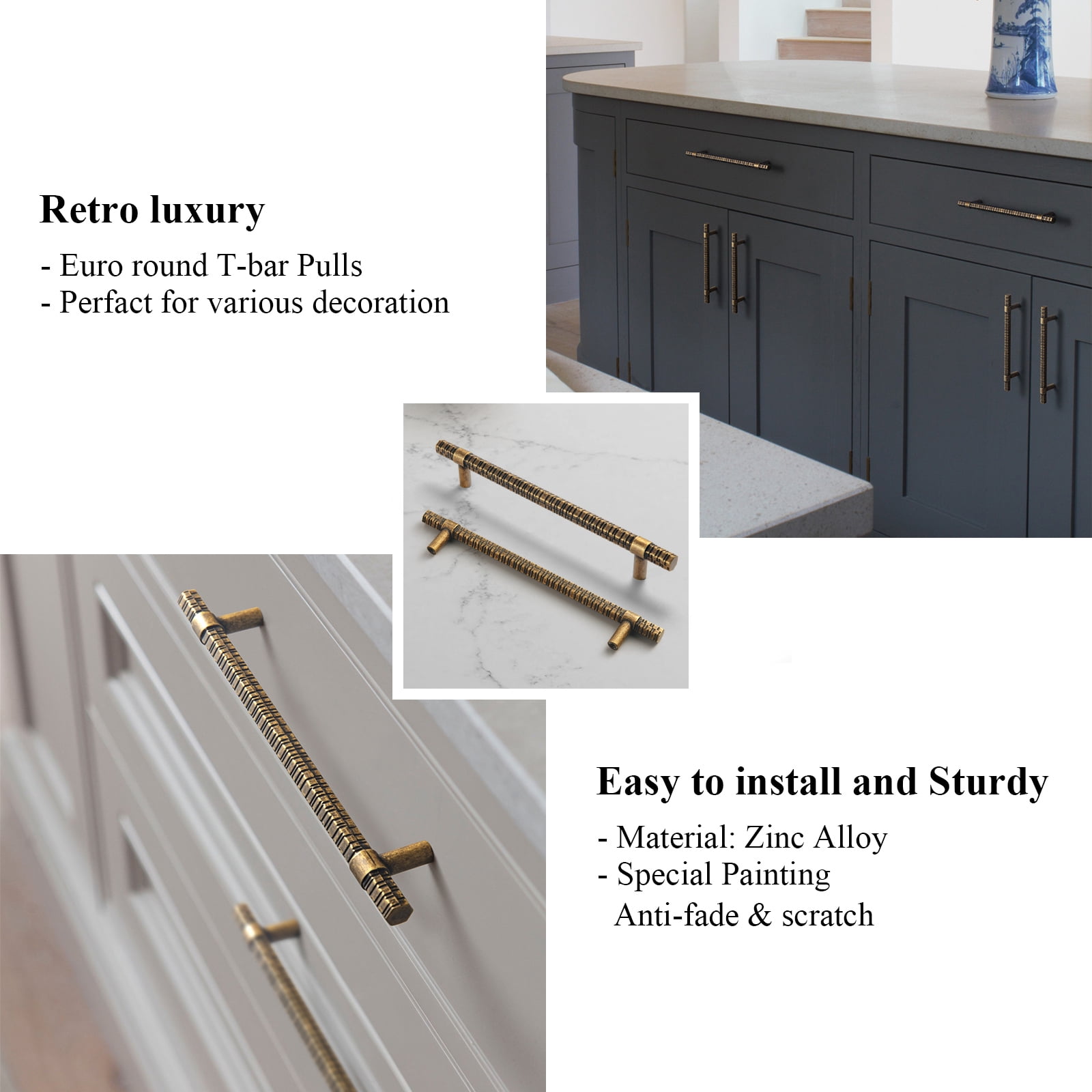 Goo-Ki 12 Pack 6.3''(160 MM) Hole Centers Antique Brass T Bar Cabinet Pulls, Luxury Zinc Alloy Cabinet Handles with Knurled for Dresser,Drawer,and Cupboard