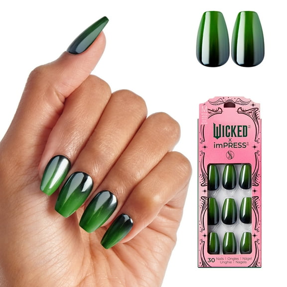 WICKED X imPRESS Press on Nails, Leaders Of Oz, Green, Medium Coffin, 30 Count