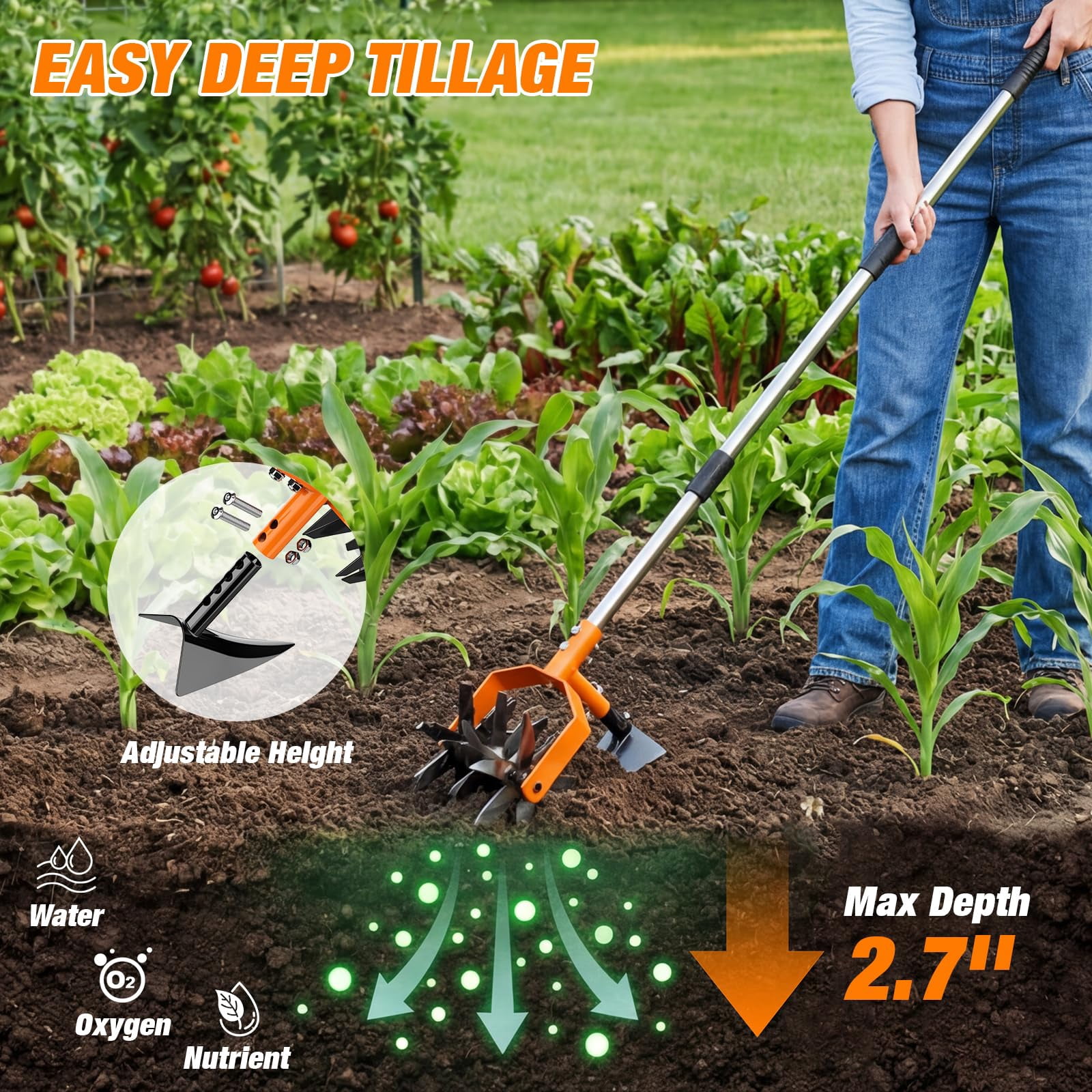 Hand Tiller Garden Cultivator  With Upgrated Triangle Hoe And Adjustable Long Handle 2-in-1 Weeder & Soil Aerator For Lawn Care Cultivate Plant Reseed Gardening Tools