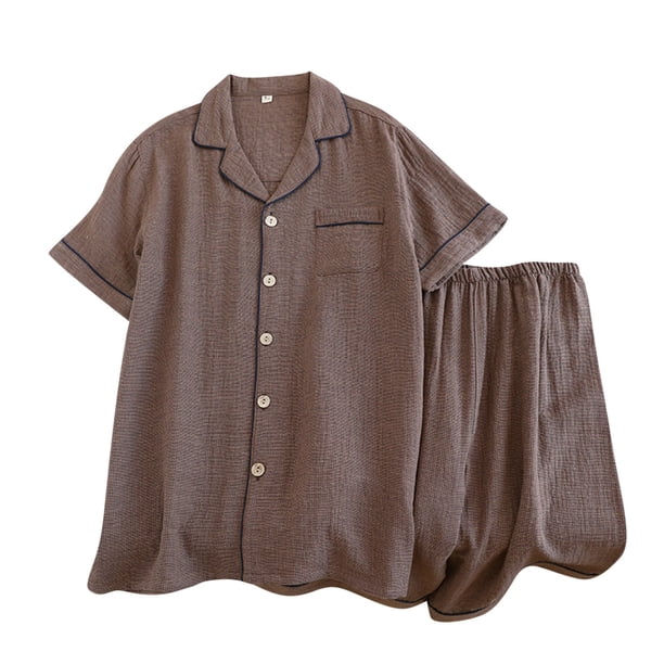Pijama de verano para hombre, de color liso, de gasa fina, de manga corta, con cárdigan de solapa, ropa de casa, informal, conjunto de pijama para hombre