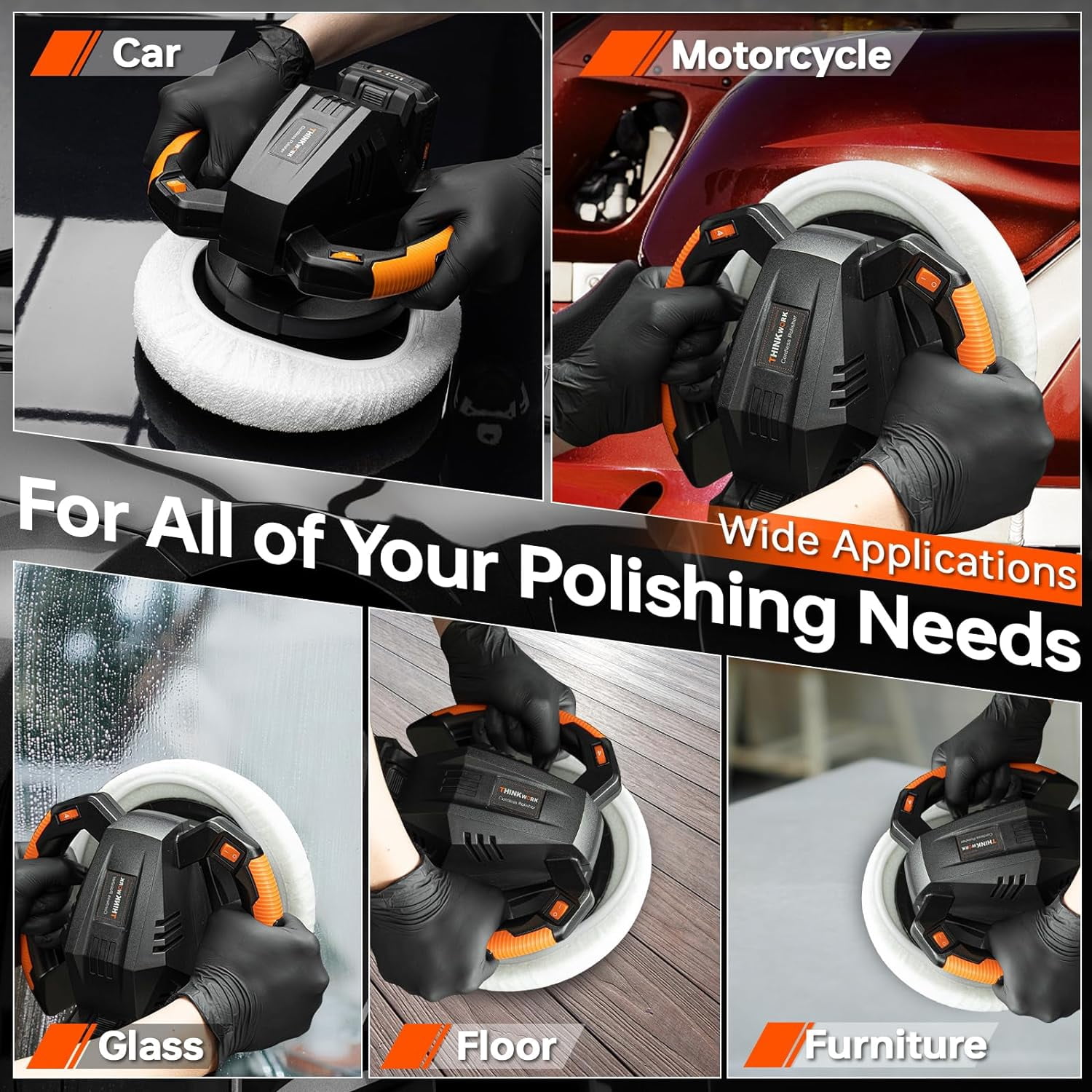 THINKWORK Portable 20V Cordless Buffer Polisher - 10-Inch Polishing Machine Kit for Car with 2Ah Rechargeable Battery, 6 Variable Speed 1500-3600RPM, Double Handle, Ideal for Car Waxing