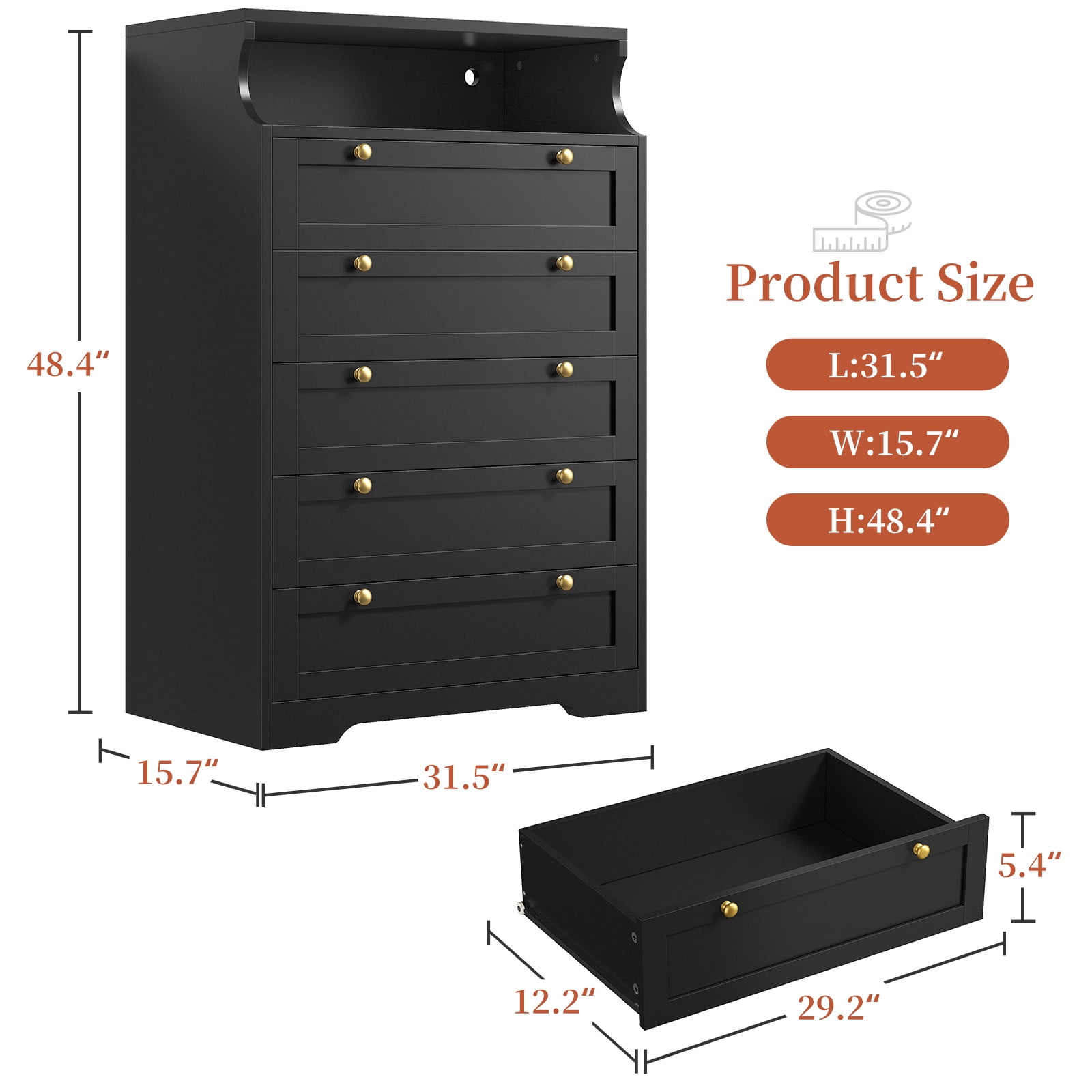 EnHomee Black 5-Drawer Dresser with LED Light, 31.7"L x 15.9"W x 48.6"H Modern Storage Furniture