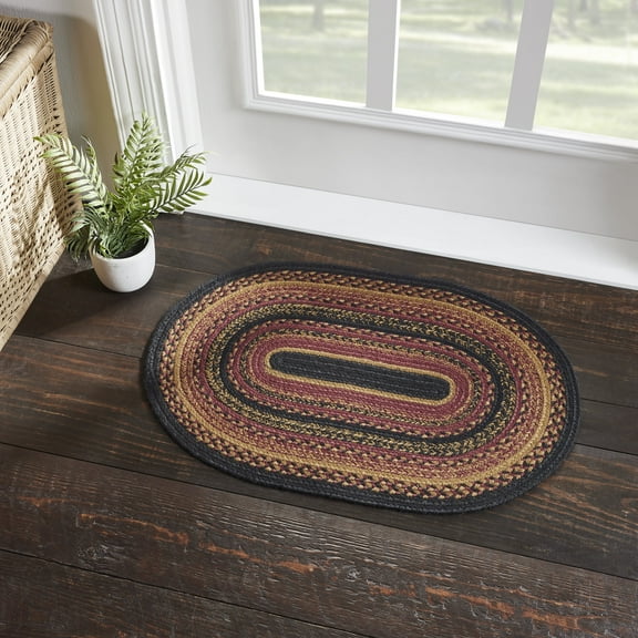 VHC Brands Heritage Farms, Braided Jute Rug, Non-Skid Pad, Door Mat, Oval, Red Black Tan. 20x31
