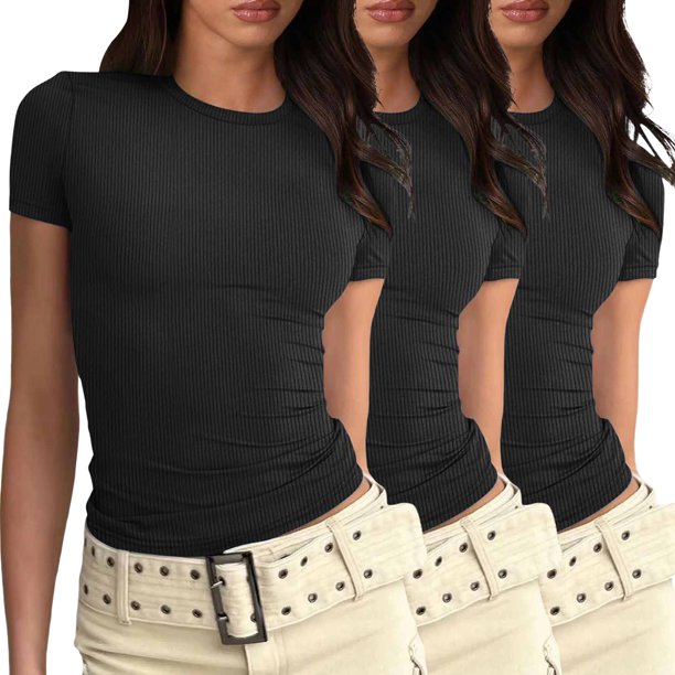 Camiseta básica de manga corta ajustada para mujer: camiseta de poliéster ajustada, top informal de verano, tallas S-XXL, estampado floral, apta para múltiples ocasiones