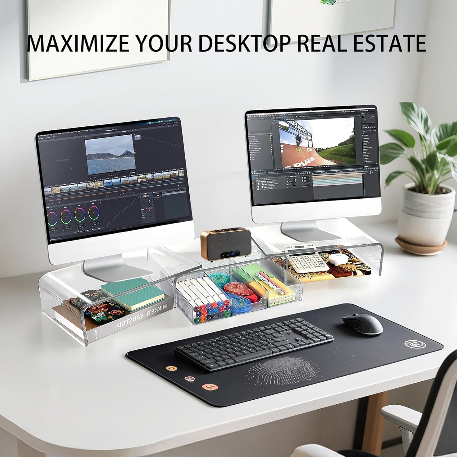 Clear Acrylic Dual Monitor Stand Riser with Drawer - Ergonomic Computer Desk Shelf Organizer for Office Workspace, Holds 2 Screens Up to 55lbs, Transparent Desktop Storage Rack