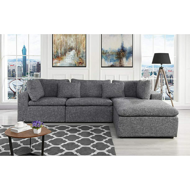 Large Linen Fabric Sectional Sofa L, Light Grey Fabric Sectional Sofa