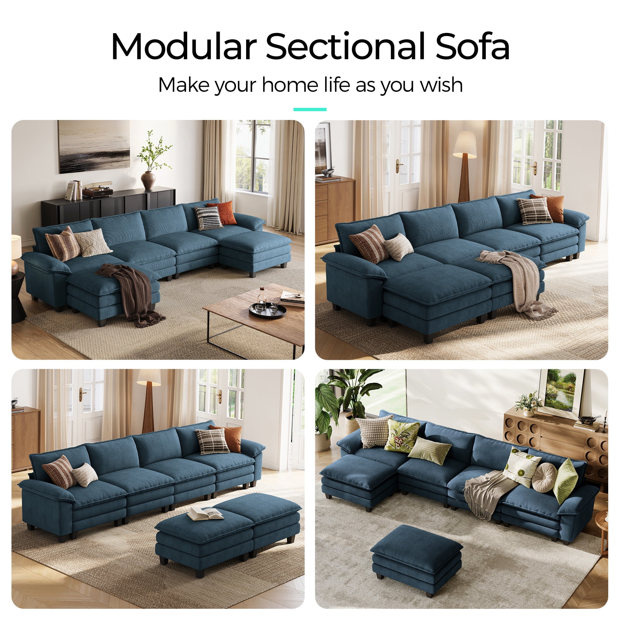LINSY HOME Modular Sectional Sofa with 2 Movable Ottomans, 4-Seat U Shaped Cloud Couch for Living Room, Blue