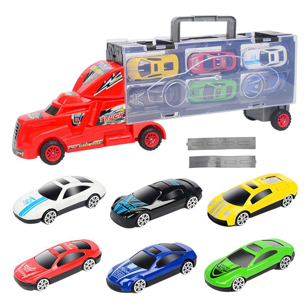 RED CAR TRUCK TRANSPORTER WITH 6 DIECAST VEHICLES CAR AUTO MOBILE TRANSPORT 