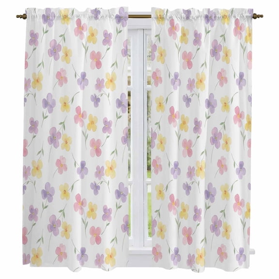 Purple Yellow Flowers Kitchen Curtains 63 Inch Length, Spring Floral Pink Botanical Farmhouse Tiers Curtains for Living Room Berdoom, Light Filtering Drapes Window Treatment 2 Panels 42"Wx63"L