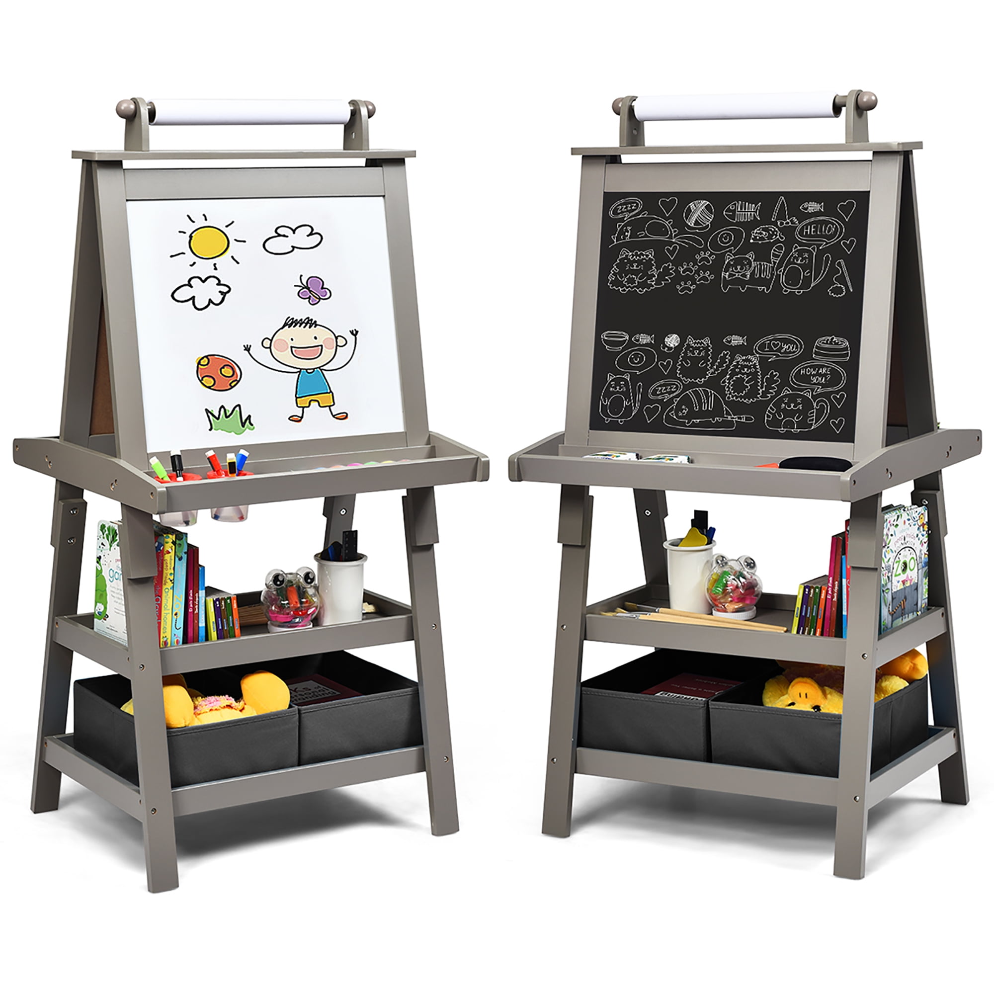 Art Accessories Included Features Whiteboard and Chalkboard with Built-in Shelf Kidzlane Double Sided Wooden Kids Easel 