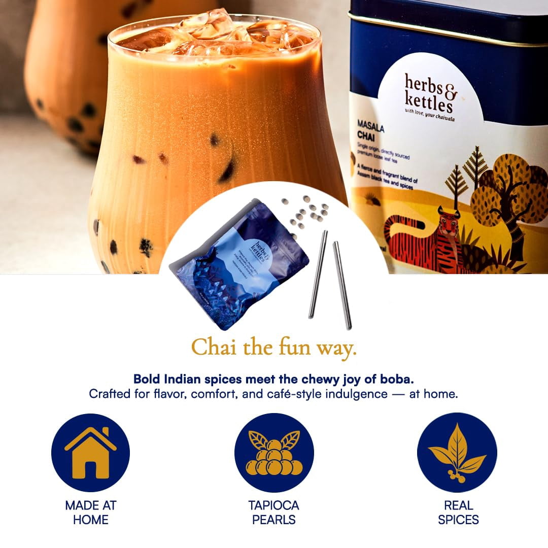 Herbs & Kettles Masala Chai Boba Kit | Assam Black Tea with Ginger, Cardamom, Cinnamon, Cloves & Black Pepper + Chewy Tapioca Pearls | DIY Bubble Tea Kit with Reusable Straws & Easy Instructions