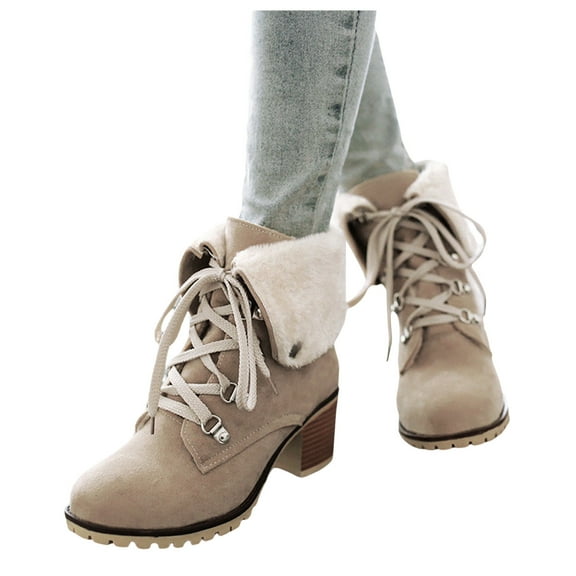Winter Snow Combat Boots for Women 2025 Fashion Fleece Lined Warm Chunky High Heels Mid Calf Dress Ankle Booties