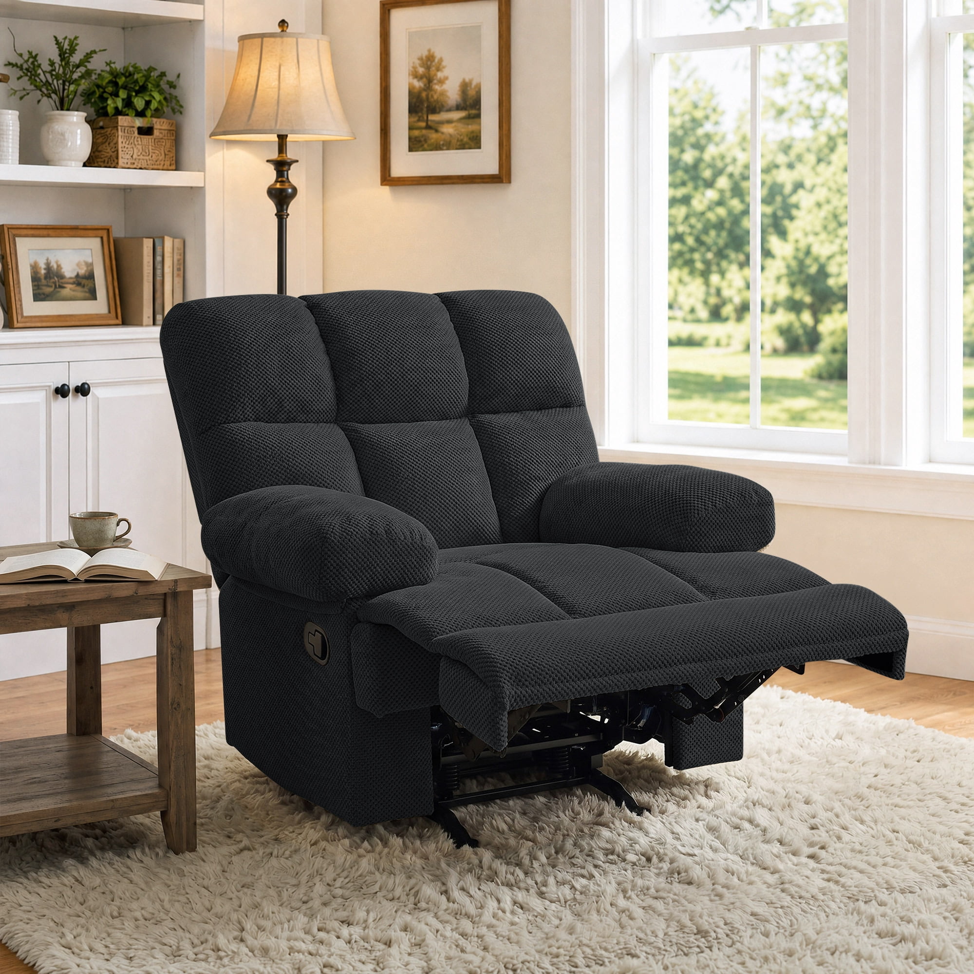 Lunale Manual Rocker Recliner for Home/Office, Adults Fabric Reclining Lounge Chair with Footrest, Gray Polyester