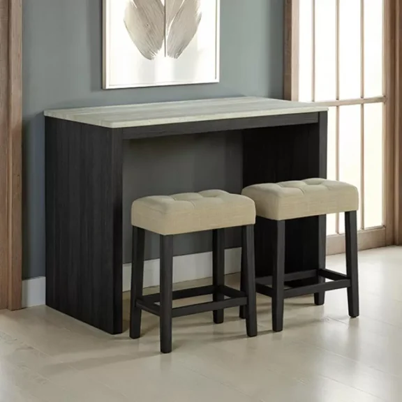 3pc Dining Table Set Modern Table Two-Tone Design Tufted Seat Stools Black Dining Room Furniture