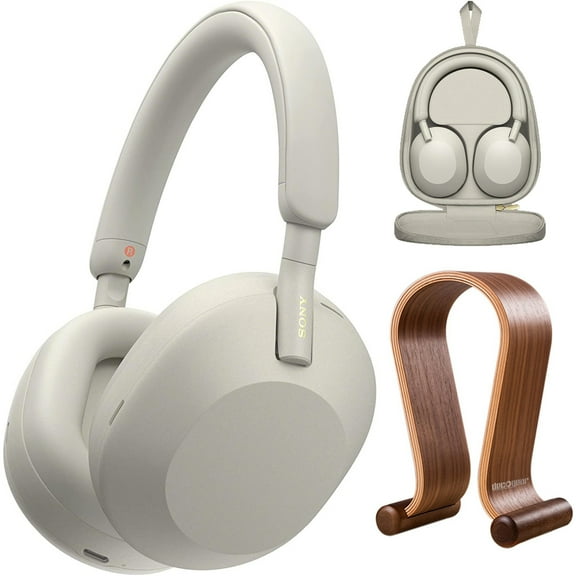 Restored Sony WH-1000XM5 Wireless Industry Leading Noise Canceling Headphones, Silver Bundle with Deco Gear Wood Headphone Display Stand and Protective Travel Carry Case (Refurbished)