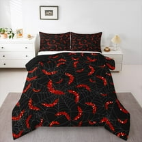 jejeloiu Spooky Halloween Bat Queen Comforter Set,Trick Or Treat Bedding Sets,Red Black Bedding Comforter Set For Children,Microfiber Bedroom Decor Reversible,3-Piece