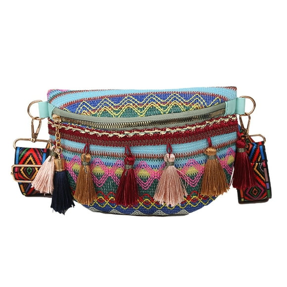 Rollback! Traditional Fringe Woven Shoulder Bag, Ethnic Print Crossbody Purse, Lightweight Chest Bag for Travel, Hiking, and Daily Use