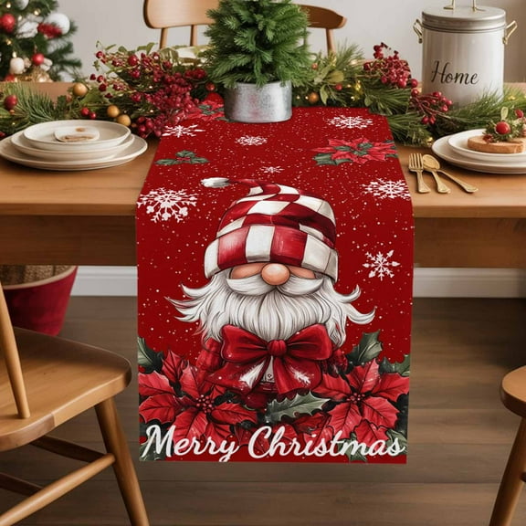 Christmas Gnomes Red Poinsettia Flower Table Runner 13x70in Non-Slip Cotton Linen Table Runners, Winter Snowflakes Seamless Dresser Scarves TableRunner for Dinner Kitchen Dining Wedding Party