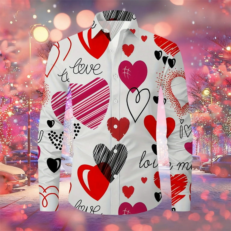 Valentines Day Dress Shirt Men Heart Printed Long Sleeve Button Down Dress Shirt Festive Party Dress Shirt for Men's Dating Clothes ( Red Size: XXXL )