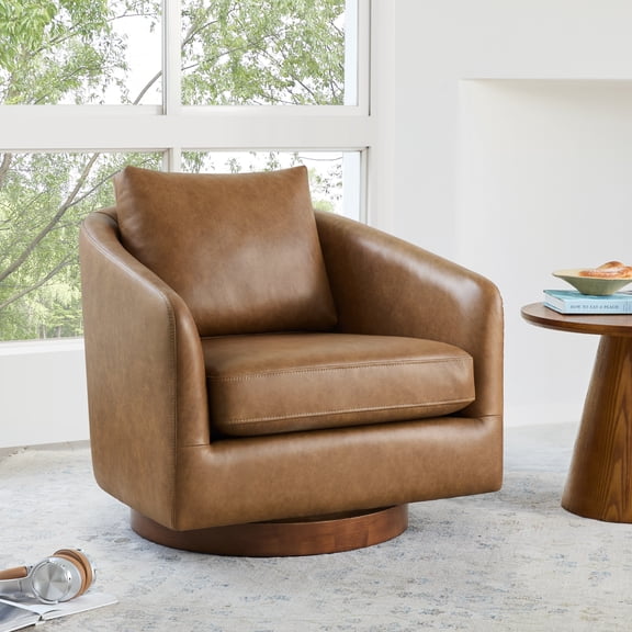 ReNest Classic Club Swivel Accent Chair with Sloped Arms, Saddle Brown Top-Grain Leather&Walnut Base, FSC-Certified Wood Frame,Single