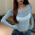thumbnail image 4 of RYRJJ Womens Sheer Mesh Long Sleeve Cropped Tops Crew Neck See Through Tee Shirts Party Club Night Lace Blouse(Blue,XL), 4 of 6